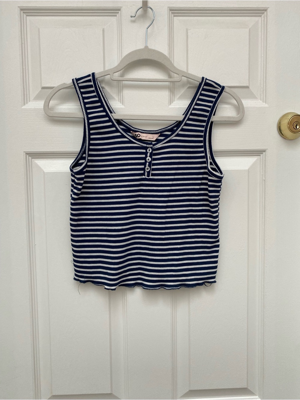 SO Navy & White Striped Ribbed Tank Top w Button Front Neck Closure - Large NWOT